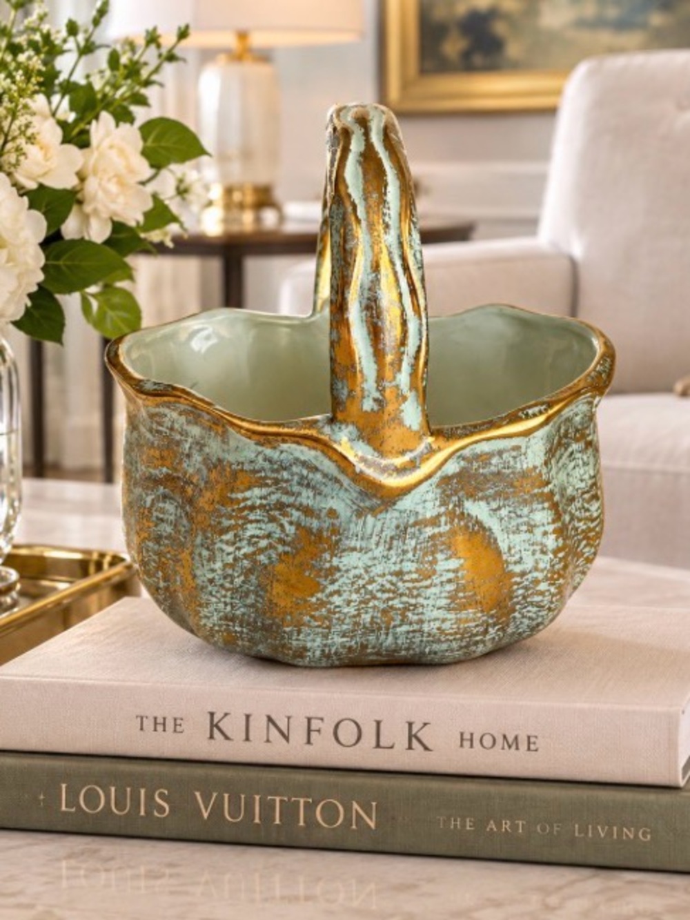 Vintage Granada Gold Tone Brushed STANGL #3621 Oval Handled Basket 5.5”w 5.5”h